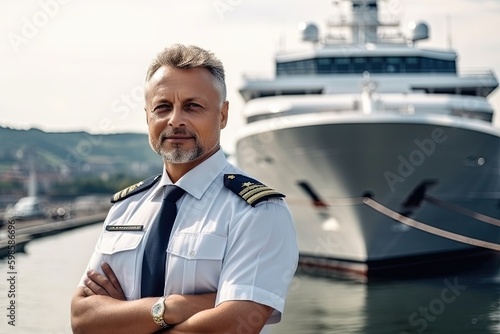 confident captain standing in front of a luxury yacht. The captain exudes a sense of professionalism and expertise, with the impressive yacht in the background. Generative AI photo