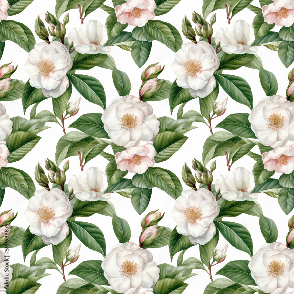 Fototapeta premium Seamless pattern with many white camellia flowers in watercolor style. Generative AI.