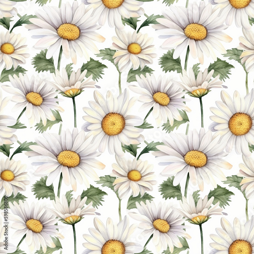 Seamless pattern with many chamomiles on white background in watercolor style. Generative AI.