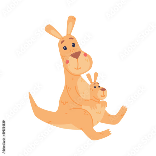 Funny Kangaroo Marsupial Animal Mother Sitting with Baby Vector Illustration