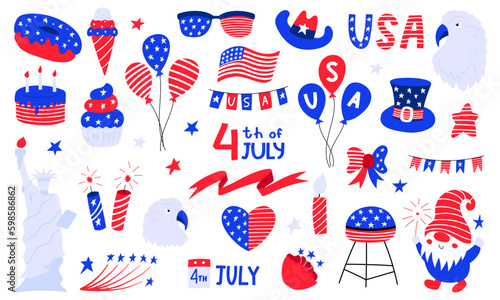 Set of USA national symbols for independence day. 4th July clip art. Top hat, balloons, star, gnome, eagle, american flag, statue of liberty. Vector illustrations isolated on white background