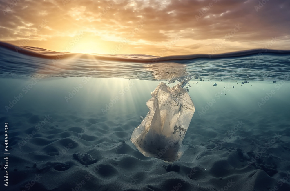 Plastic bag floating in a ocean, water pollution concept, ai generative ...