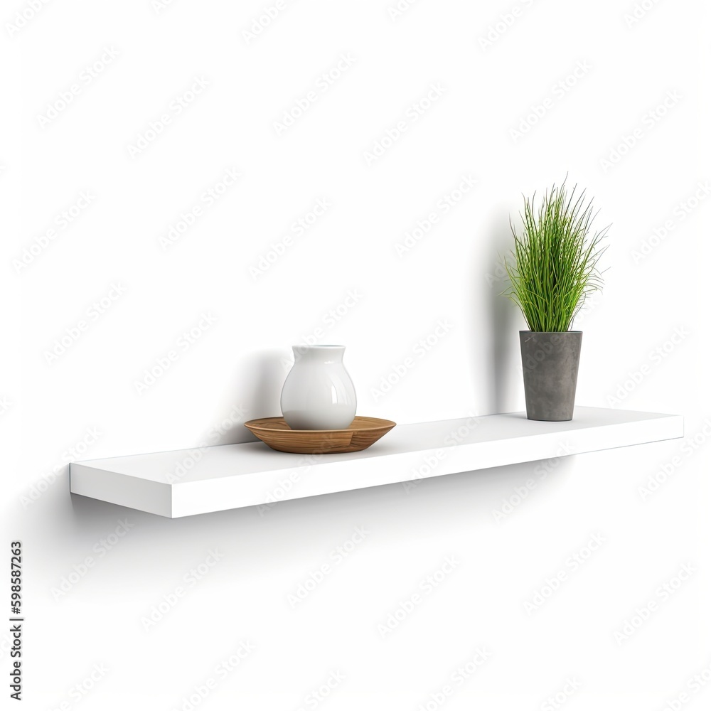 Wall - mounted floating shelf isolated on a white background, generative ai Wall - mounted floating shelf isolated on a white background, generative ai