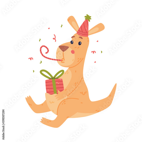 Funny Kangaroo Marsupial Animal Blowing Whistle in Birthday Hat with Gift Box Vector Illustration