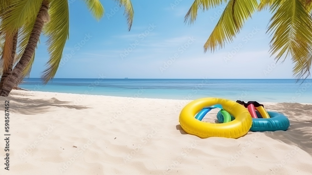 An inflatable swim lap against a backdrop of a beach with sand palm trees and the ocean. Tourist banner. An inflatable swim lap against a backdrop of a beach with sand palm trees and the ocean. Tourist banner.