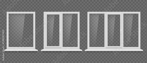 Plastic windows template with white frames. Collection isolated on transparent background. vector mockup