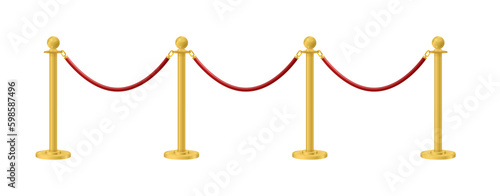 Retractable belt rack. Portable tape barrier. Red carpet with red ropes on golden stanchions. Exclusive event, movie premiere, gala, ceremony, awards concept. Vector