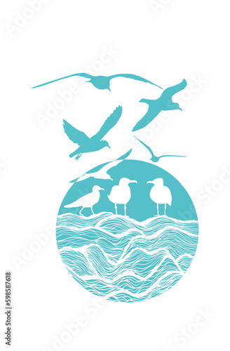 Sea icon. Waves and seagulls. Vector illustration