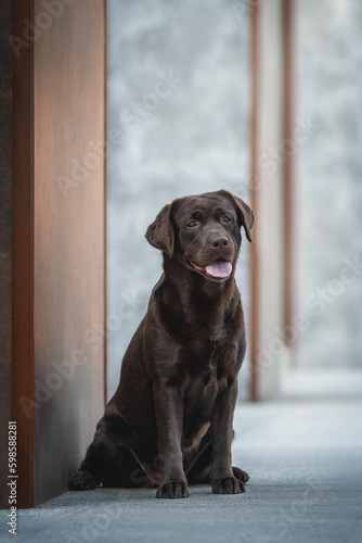 Beautiful chocolate brown labrador retriever dog sitting among brown and grey columns