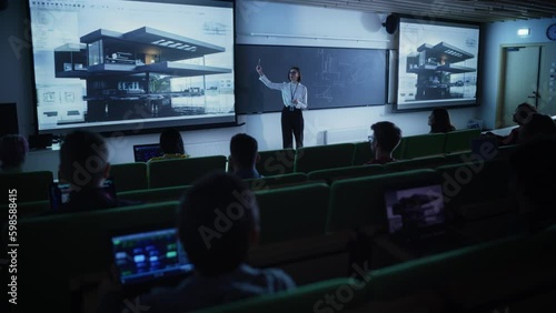 Wallpaper Mural Diverse Multicultural Students Studying in University Room, Listening to a Young Female Architect Delivering a Private Housing Lecture. Architectural Design Education in Modern College Torontodigital.ca