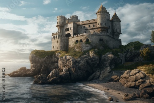 Digital painting of a medieval coastal fortress  depicting ancient stone architecture. Generative AI