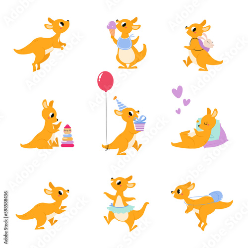 Cute Brown Baby Kangaroo Marsupial Character Sleeping and Playing Toys Vector Set