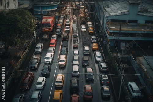 A vehicle hovers above the cars in a congested area. Generative AI