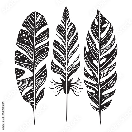 Set of three boho feathers, ethnic style, ornate, black vector illustration isolated on white background