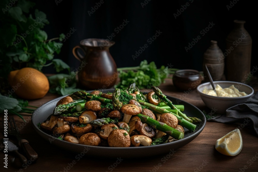 Fried mushrooms with asparagus and butter. Generative AI