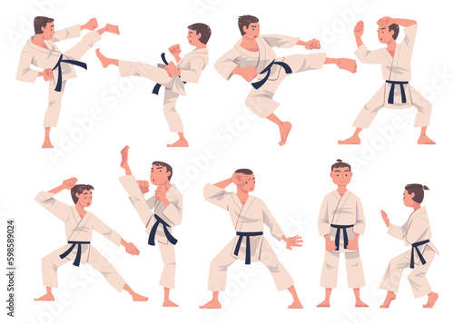 Young Man Doing Karate Wearing Kimono and Black Belt Engaged in Martial Art Vector Set