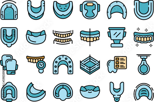 Mouthguard icons set outline vector. Boxer dental. Protector mouth thin line color on white