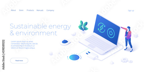 Woman unplugging socket. Sustainable energy concept in isometric vector design. Ecological electricity consumption and power usage. Web banner layout template
