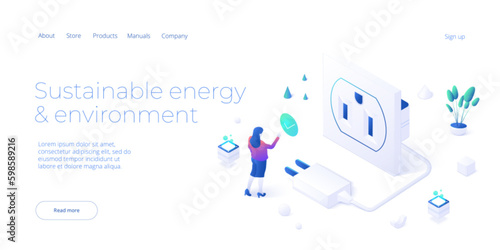 Woman unplugging socket. Sustainable energy concept in isometric vector design. Ecological electricity consumption and power usage. Web banner layout template