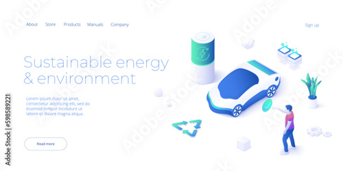 Woman unplugging socket. Sustainable energy concept in isometric vector design. Ecological electricity consumption and power usage. Web banner layout template