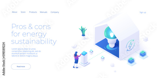 Woman unplugging socket. Sustainable energy concept in isometric vector design. Ecological electricity consumption and power usage. Web banner layout template