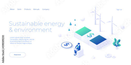 Green economy and renewable power concept in isometric vector illustration. Wind turbines as source of electricity economy. Sustainable or power plants for clean earth environment