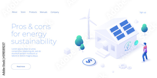 Green economy and renewable power concept in isometric vector illustration. Wind turbines and solar panels. Sustainable or power plants for clean earth environment