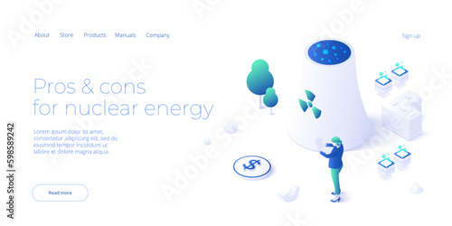 Nuclear power plant as source of electricity economy. Green economy and renewable or sustainable power concept in isometric vector illustration. Web banner layout template