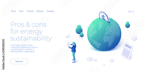 Woman reading or calculating utility bill. Sustainable energy concept in isometric vector design. Ecological electricity consumption and power usage. Web banner layout template photo