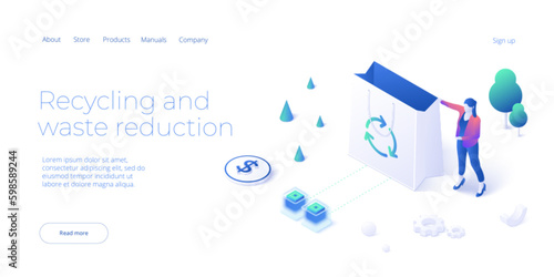 Woman with recyclable paper bag concept in isometric vector illustration. Green economy or sustainable eco friendly clothing. Web banner layout template