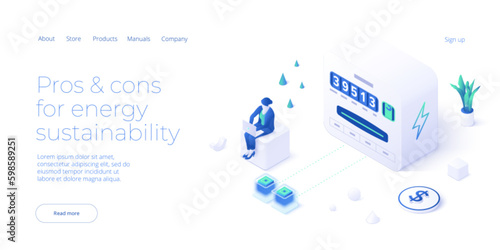 Woman unplugging socket. Sustainable energy concept in isometric vector design. Ecological electricity consumption and power usage. Web banner layout template