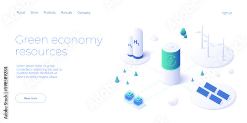 Electricity power generation in isometric vector deisgn. Alternative electric energy resources, ecosystem blockchain, solar panel smart grid, wind turbines. Web banner layout template