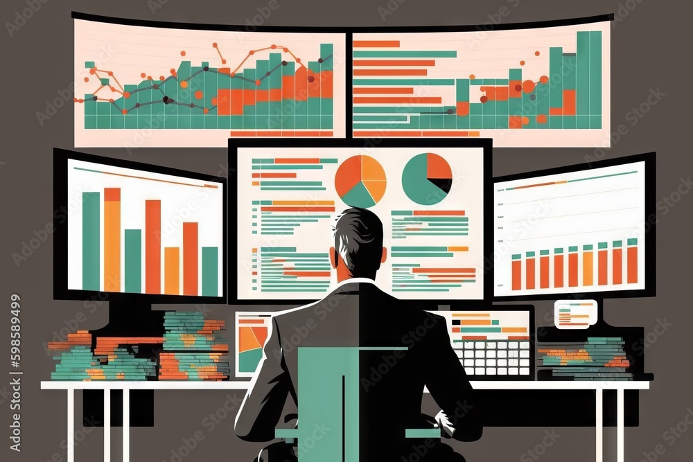 Businessman looking at monitors with charts and graphs, Generative AI illustration Businessman looking at monitors with charts and graphs, Generative AI illustration