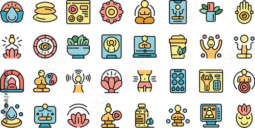 Online yoga training icons set outline vector. Yoga asana. Workout class thin line color on white