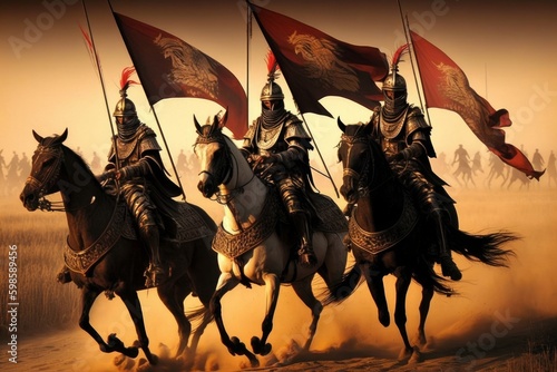 Obraz na plátne Medieval battle scene with cavalry and infantry, Generative AI illustration