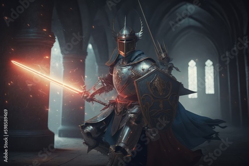 Knight in armor with sword in a dark castle. Fantasy medieval scene. Generative AI illustration