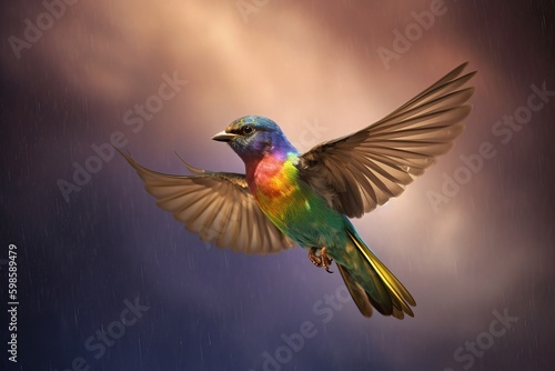 small bird, battered by a storm, continuing its flight despite the fierce winds and pelting rain. It navigates the turbulent skies with determination and courage, bird of paradise, Generative AI
