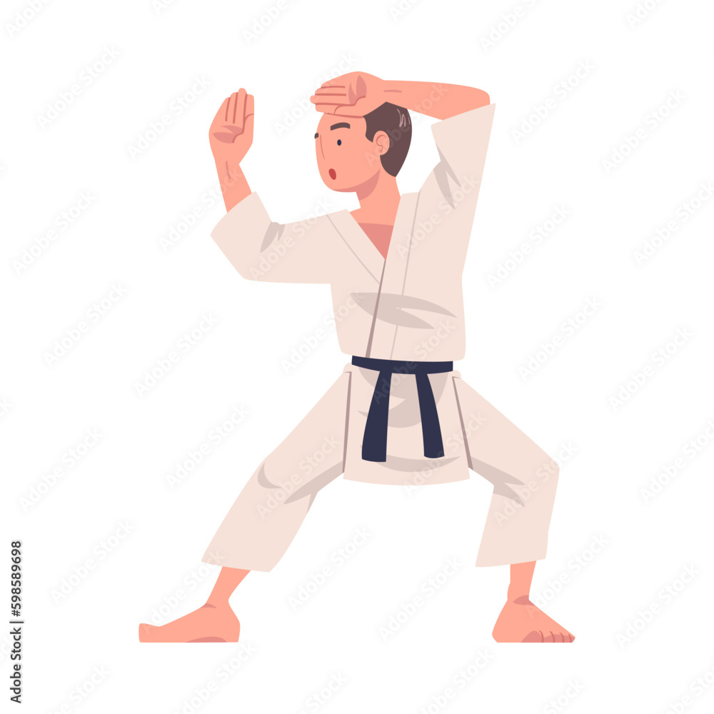 Karate Man Wearing Kimono and Black Belt Practicing Martial Art Vector Illustration