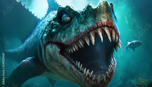 Dinosaur in the aquarium  close-up. Generative AI illustration.