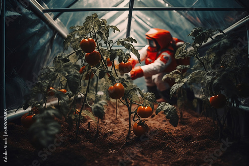 Astronaut planting tomato plants in greenhouse. Planet Mars colonization concept. Generative AI illustration