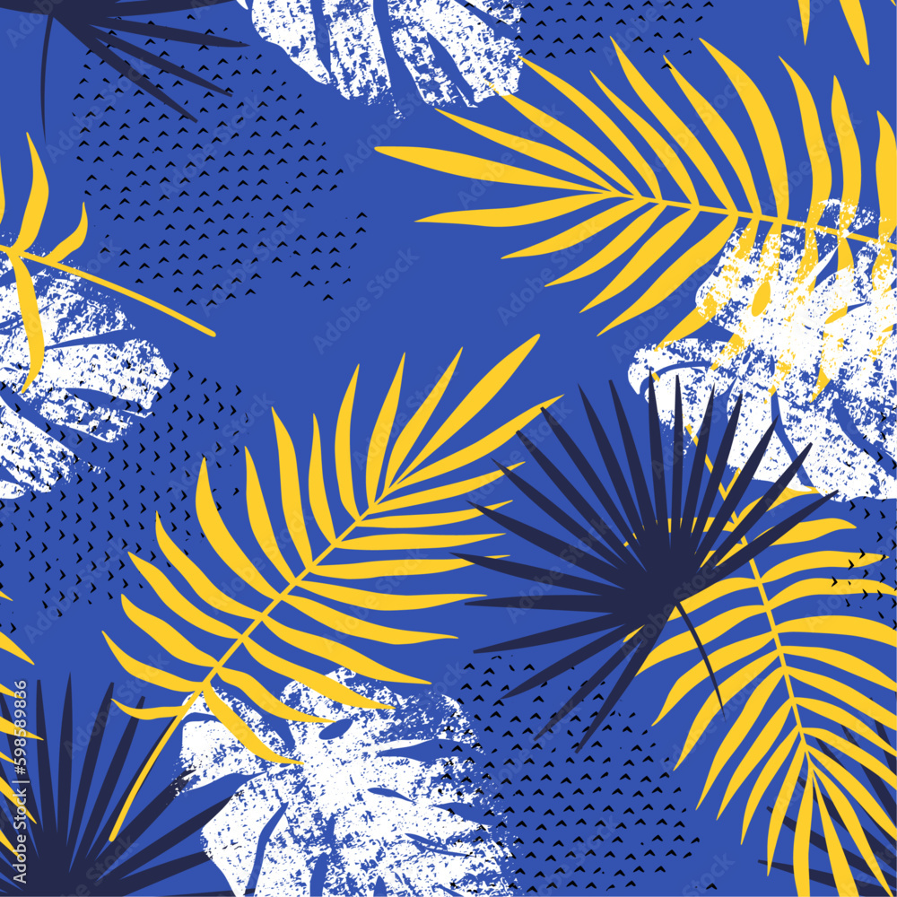 Tropical Summer seamless pattern with monstera leaves and palm tree elements. Monstera Leaves Retro Tropical Watercolor Seamless Summer Pattern. Exotic Botanical Jungle Fabric Boho Design