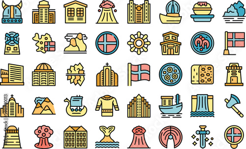Iceland icons set outline vector. North island. Polar tourist thin line color on white