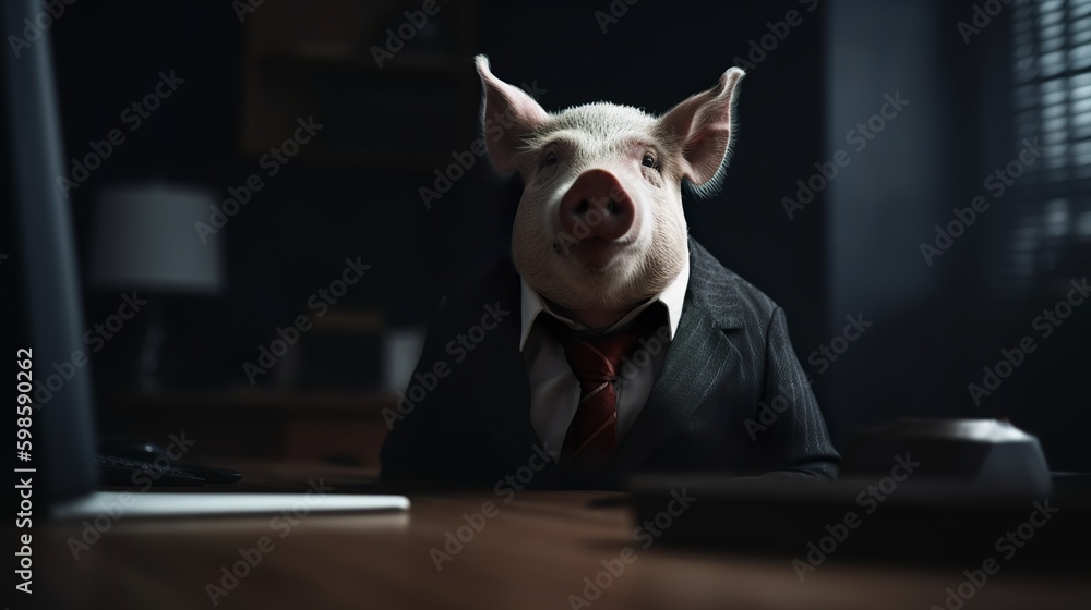 A portrait of a pig in a business suit at the office, Generative AI