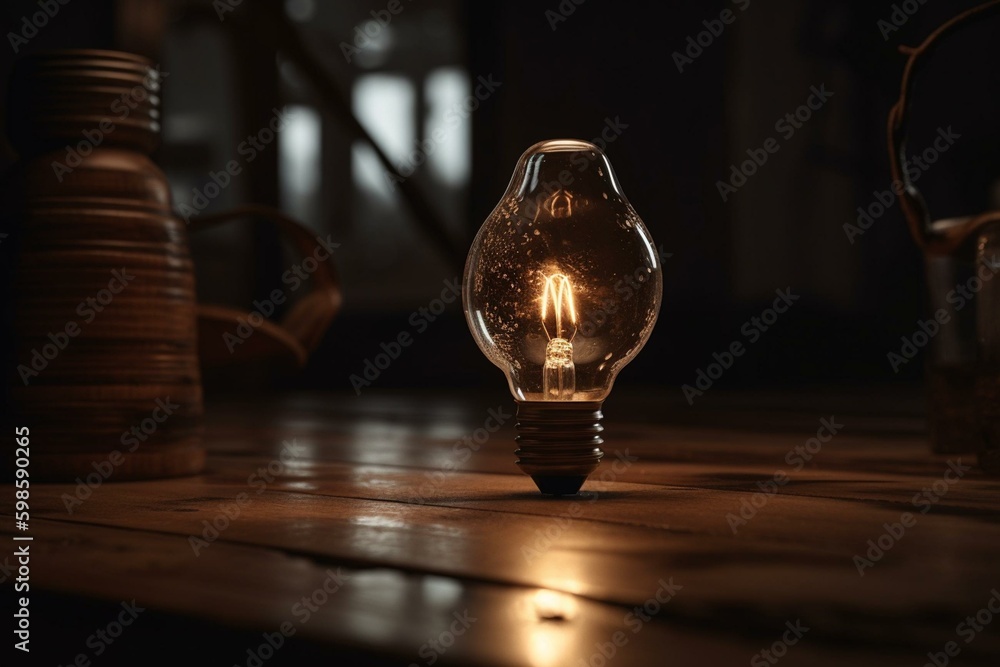A wooden table with a light bulb containing a candle, casting a reflection on the surface. Generative AI
