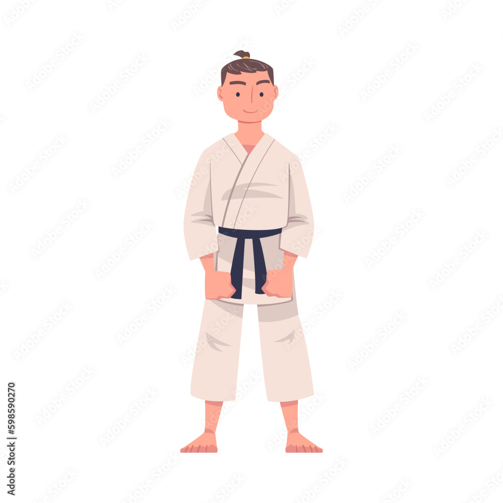 Karate Man Wearing Kimono and Black Belt Practicing Martial Art Standing and Smiling Vector Illustration