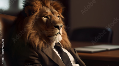 A portrait of a lion in a business suit at the office  Generative AI