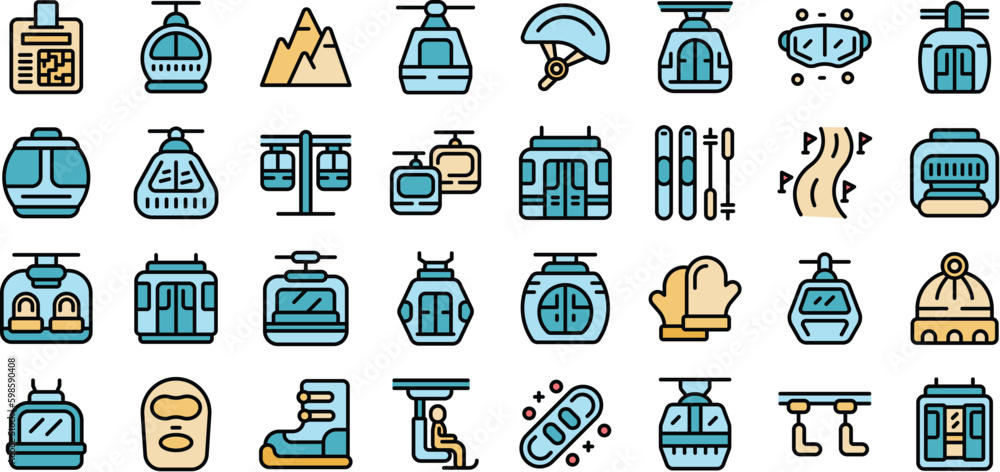 Ski lift icons set outline vector. Resort slope. Winter hill thin line color on white Ski lift icons set outline vector. Resort slope. Winter hill thin line color on white