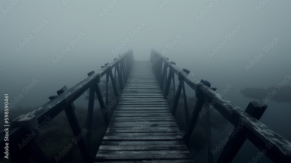 old wooden bridge leading to nowhere in the fog, broken, gloomy dark blue, mysterious, loneliness, pier in fog, bridge over the fog, horror, Generative AI