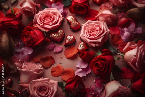 Valentine s background with pink and red hearts and roses. Generative AI