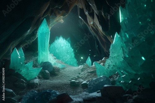 Illustrated fantasy cave filled with emeralds, crystals, and quartz. Features ancient geological formations. Created digitally using AI. Generative AI